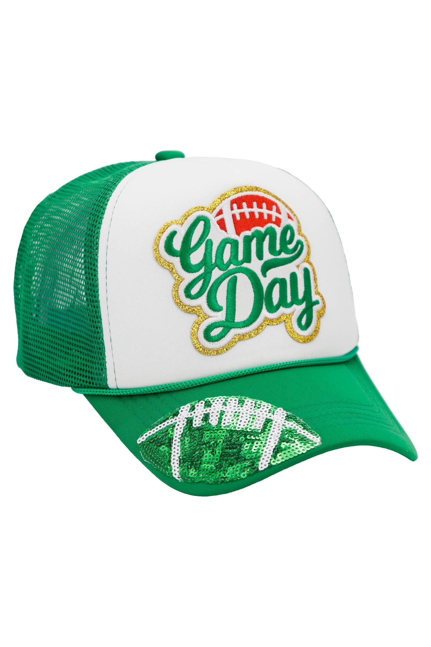 Football Gameday Patch Sponge Trucker Hat: White/Kelly Green