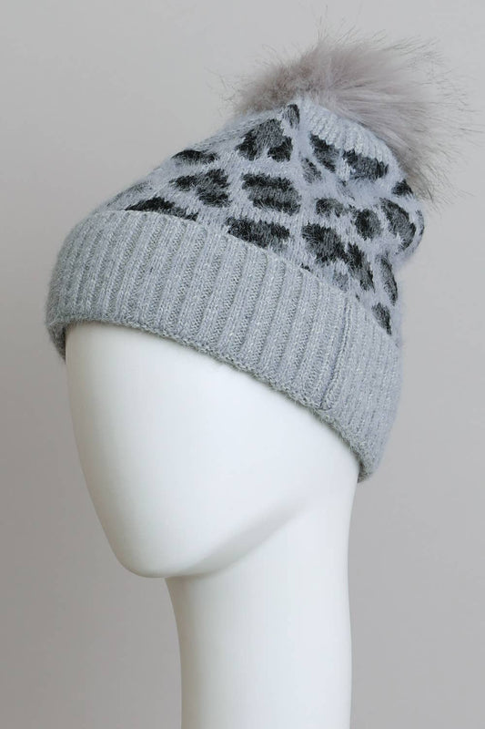 🐆 Leopard Knit Beanie with Pom Pom - Gray