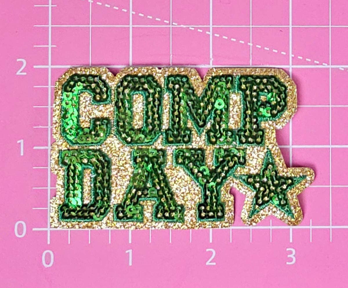 COMP DAY Cheer Dance Sequin on Glitter Small Iron-on Patch: Orange