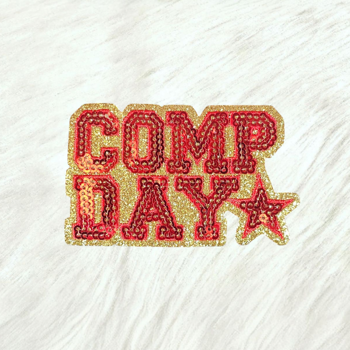 COMP DAY Cheer Dance Sequin on Glitter Small Iron-on Patch: Orange