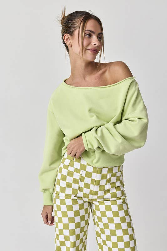 PT17835 - Alina Off Shoulder Cropped Sweatshirt: Light Grey