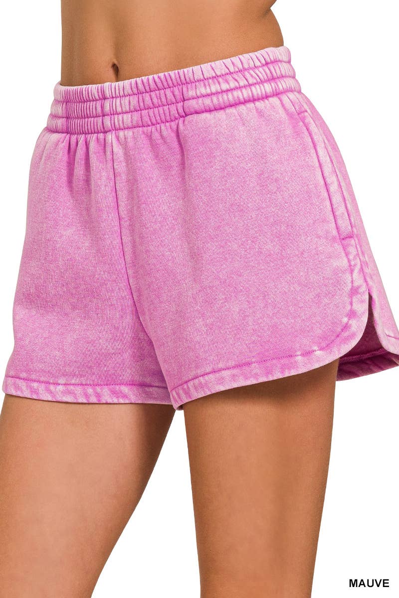 Acid Wash Elastic Waistband Fleece Shorts