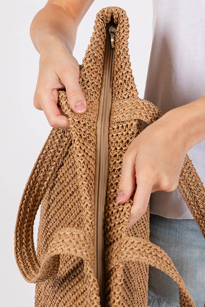 Solid Color Crochet Summer Straw Tote Bag: Taupe