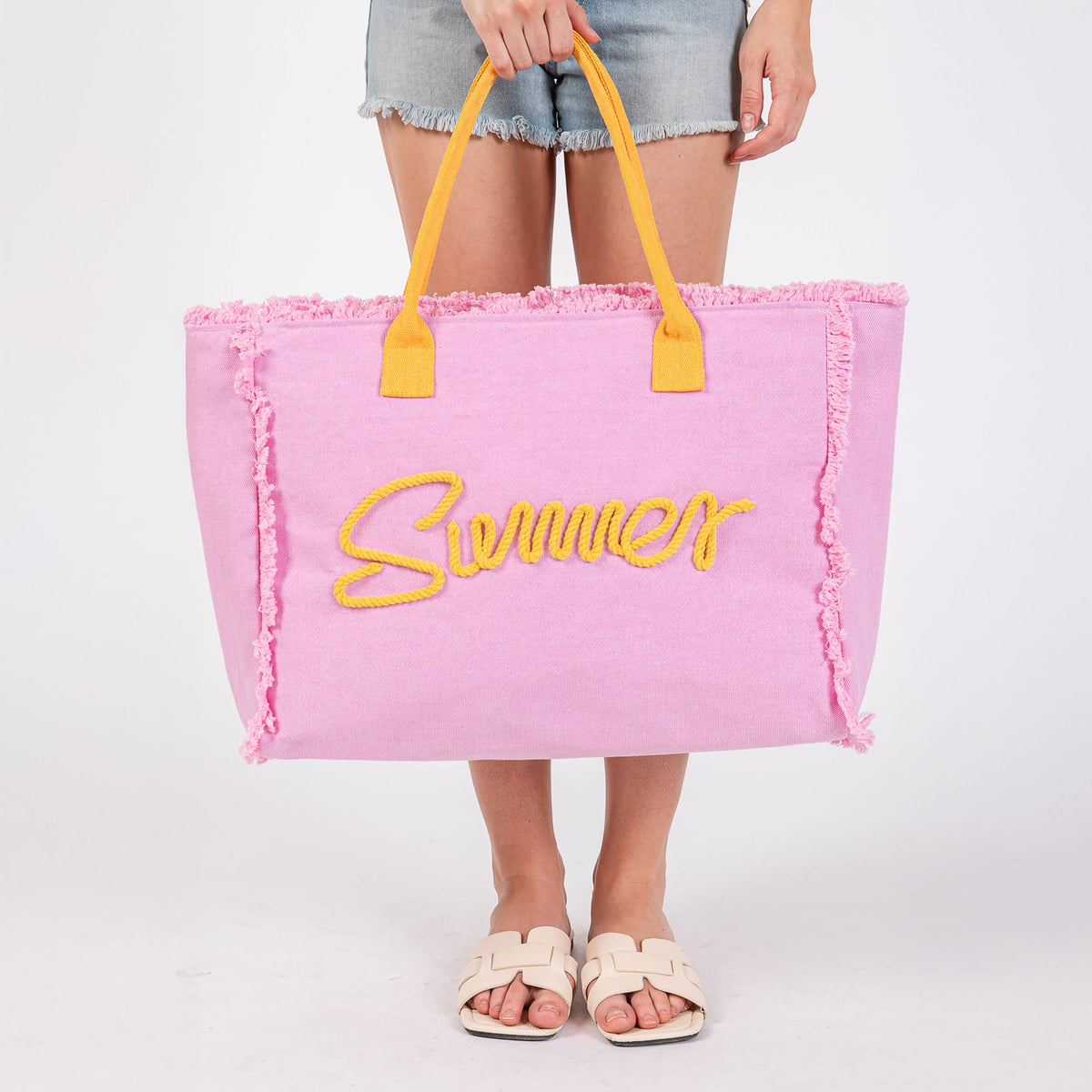 Sewn Rope Summer Letter Fringed Canvas Bag: Green