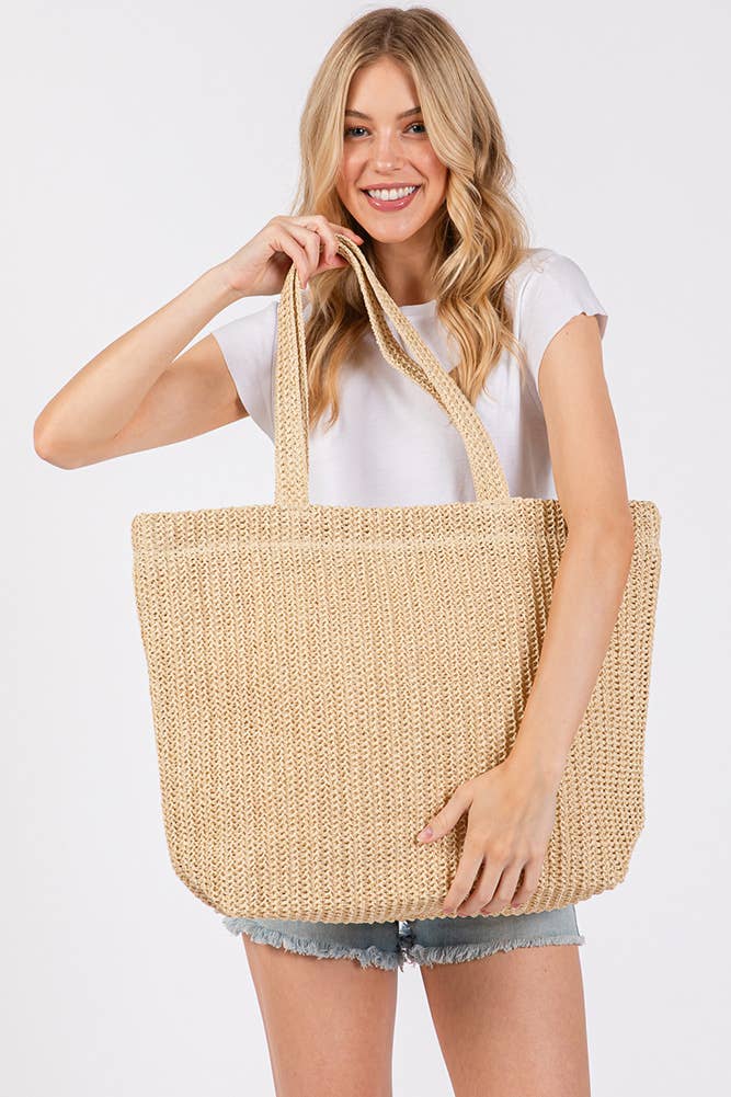 Solid Color Crochet Summer Straw Tote Bag: Taupe