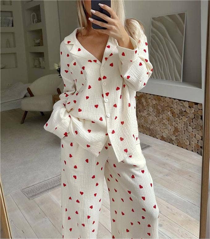 Valentine's Day heart print pajamas cotton loungewear set: Apricot