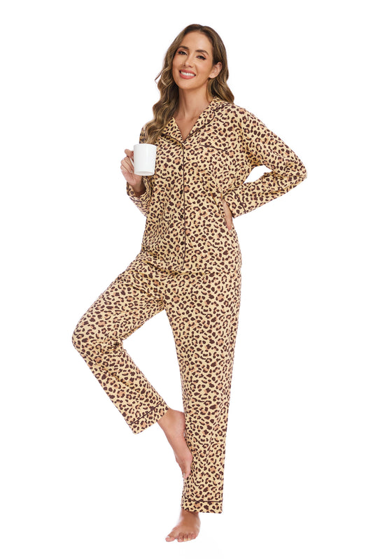 Women’s Cotton Pajama Set with Printed Design: Leopard