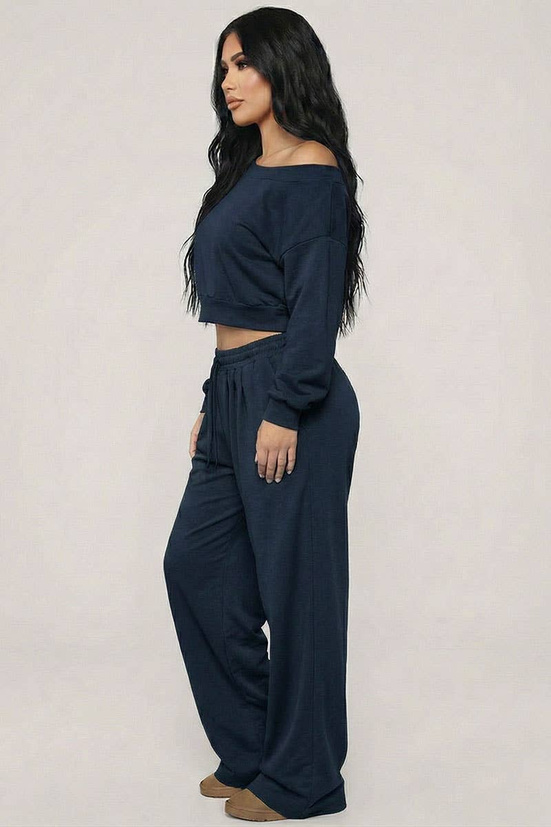 Effortless Ease French Terry Off-Shoulder Lounge Set: Charcoal Grey