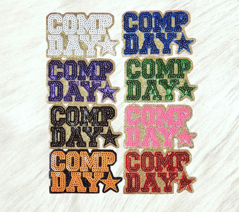 COMP DAY Cheer Dance Sequin on Glitter Small Iron-on Patch: Orange