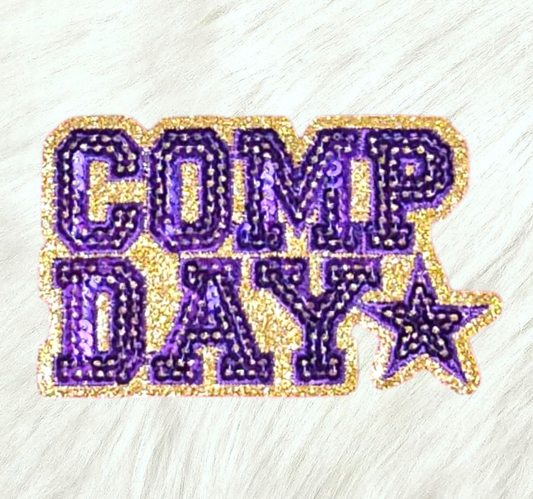 COMP DAY Cheer Dance Sequin on Glitter Small Iron-on Patch: Orange