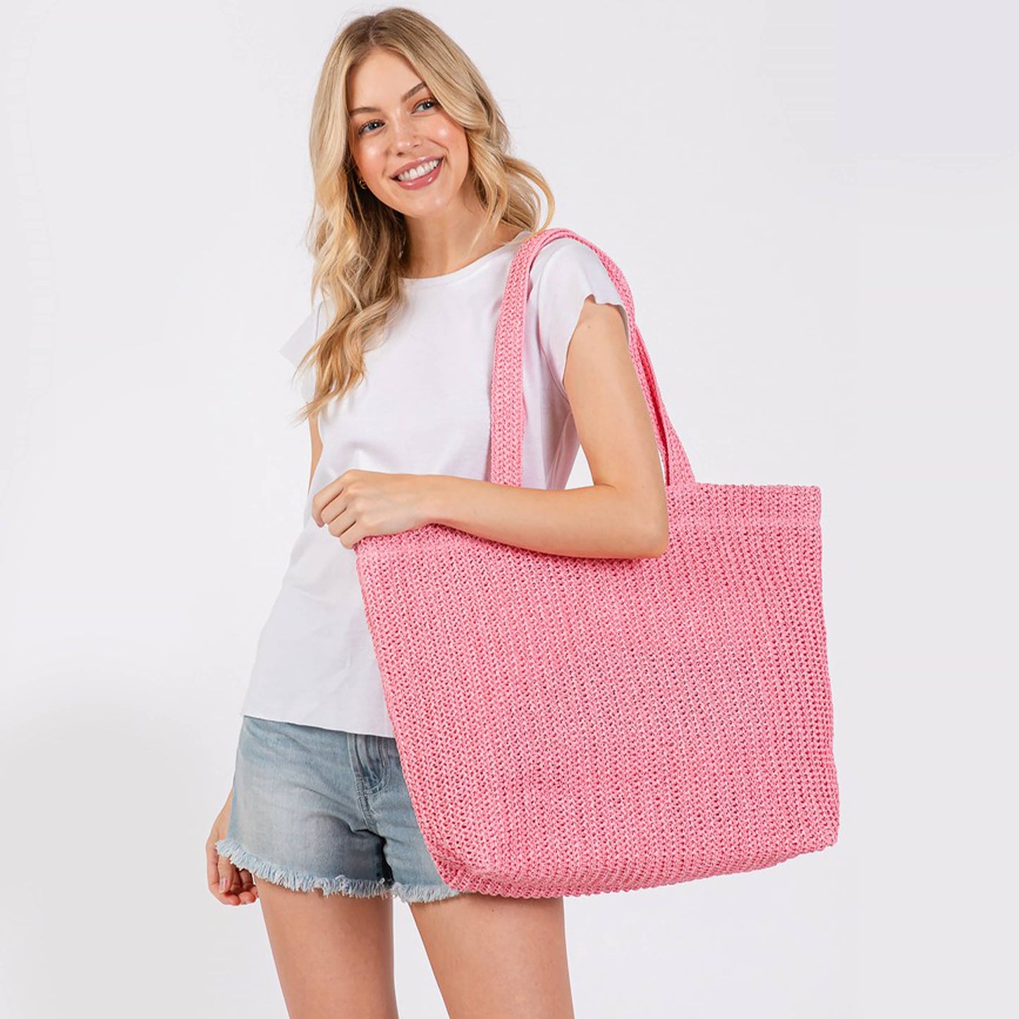 Solid Color Crochet Summer Straw Tote Bag: Pink