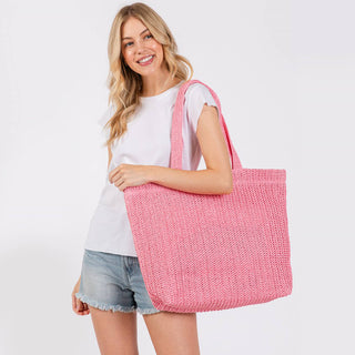 Solid Color Crochet Summer Straw Tote Bag: Pink