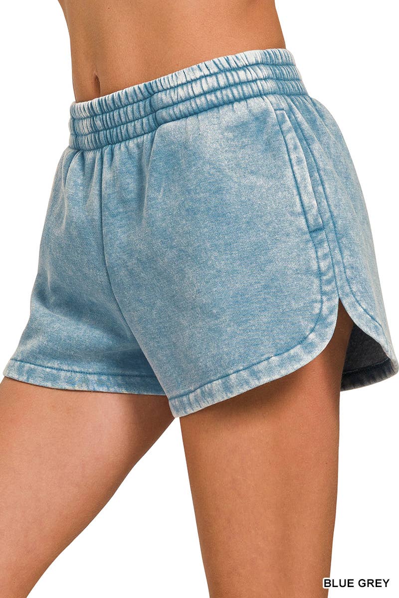 Acid Wash Elastic Waistband Fleece Shorts