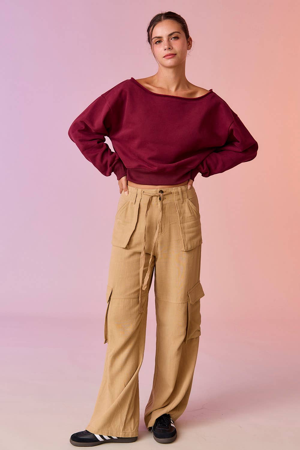 PT17835 - Alina Off Shoulder Cropped Sweatshirt: Pink
