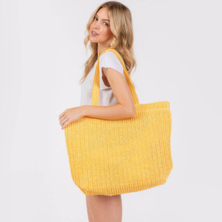 Solid Color Crochet Summer Straw Tote Bag: Yellow