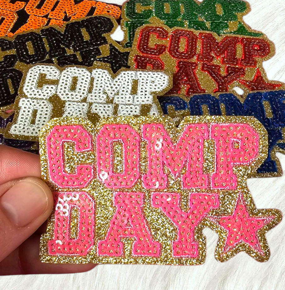 COMP DAY Cheer Dance Sequin on Glitter Small Iron-on Patch: Orange