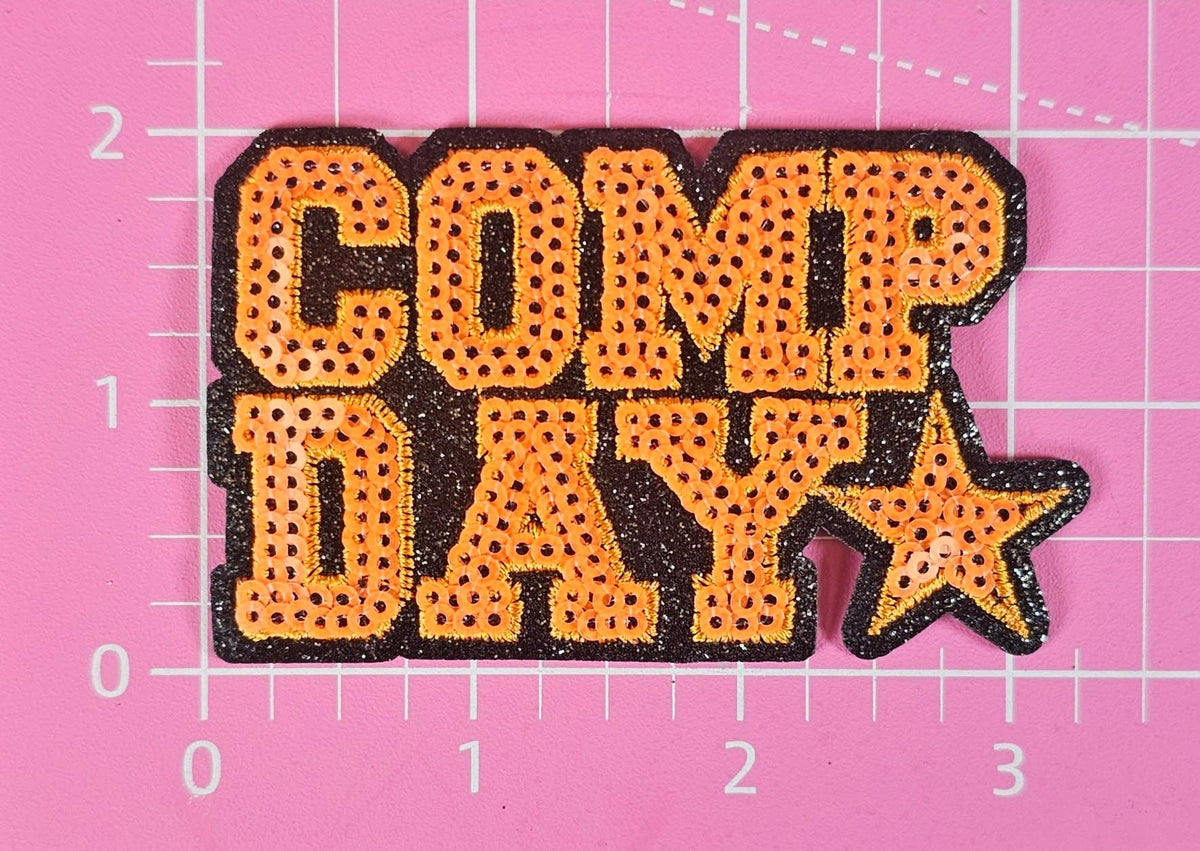 COMP DAY Cheer Dance Sequin on Glitter Small Iron-on Patch: Orange
