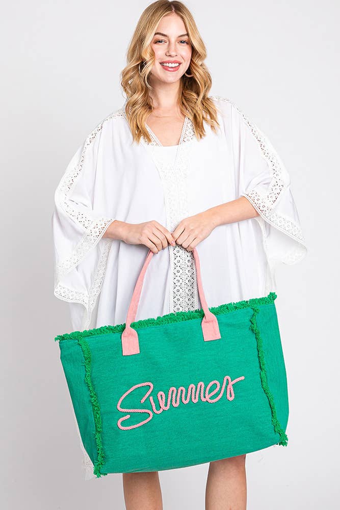 Sewn Rope Summer Letter Fringed Canvas Bag: Green