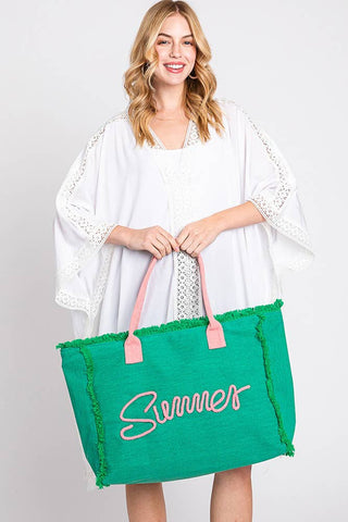 Sewn Rope Summer Letter Fringed Canvas Bag: Green