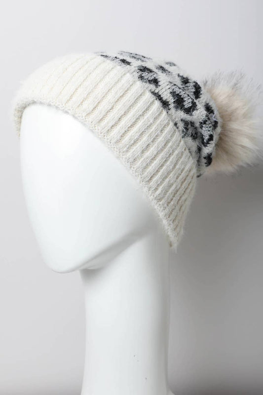 🐆 Leopard Knit Beanie with Pom Pom - Ivory