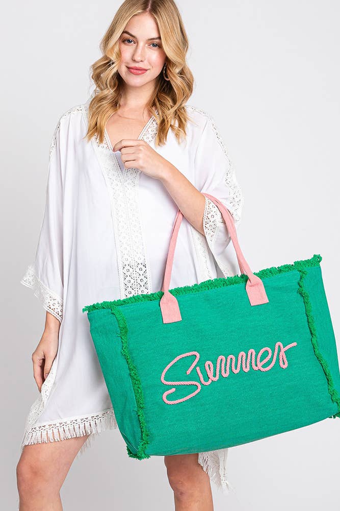 Sewn Rope Summer Letter Fringed Canvas Bag: Green