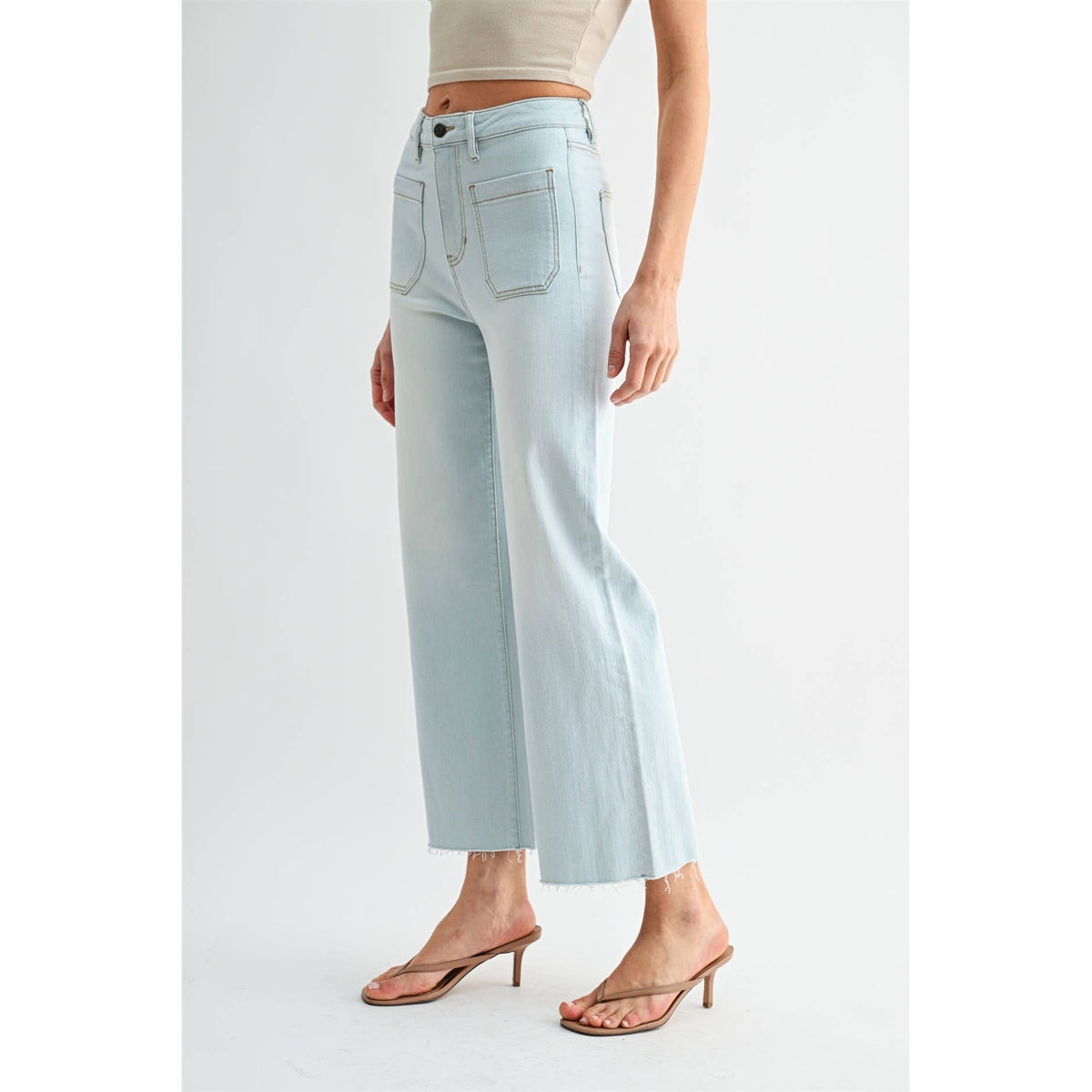 HIGH-RISE WIDE LEG CROP RAW HEM: BLIZZARD BLUE
