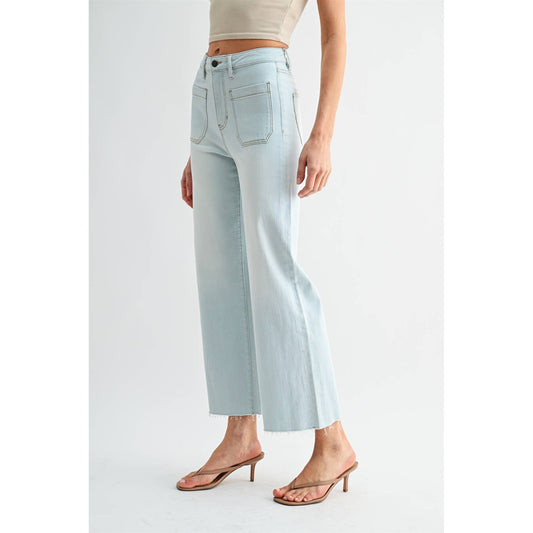 HIGH-RISE WIDE LEG CROP RAW HEM: BLIZZARD BLUE