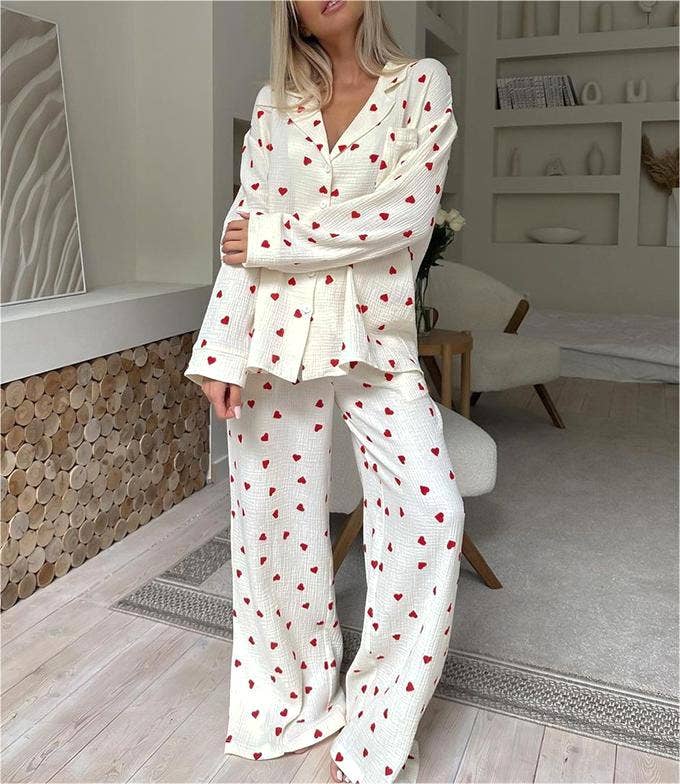 Valentine's Day heart print pajamas cotton loungewear set: Apricot