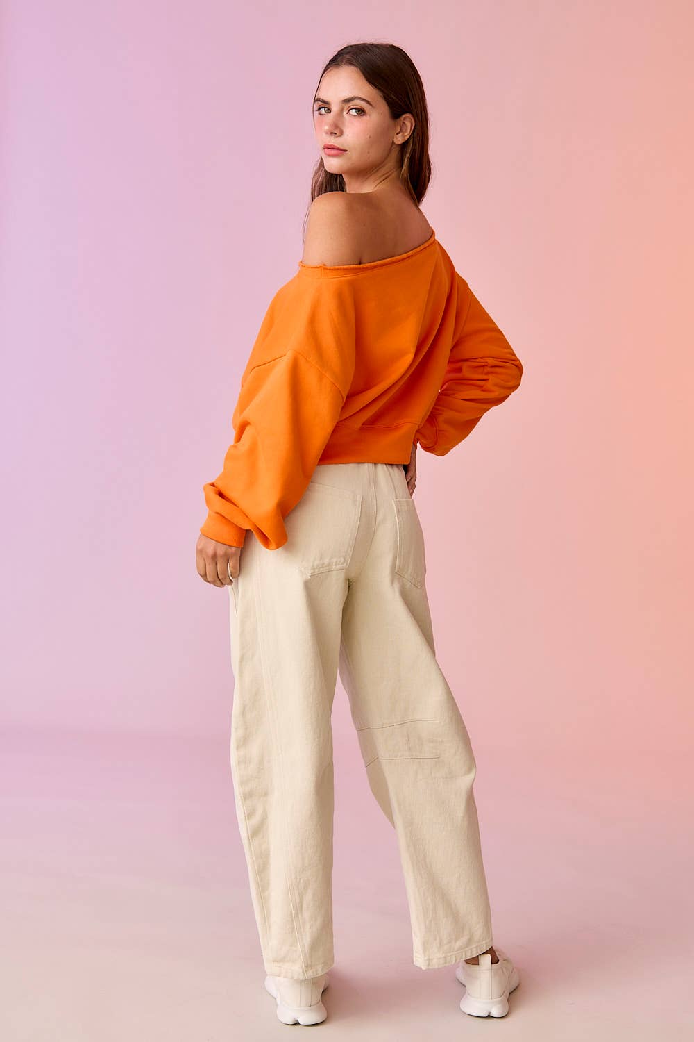 PT17835 - Alina Off Shoulder Cropped Sweatshirt: Light Grey