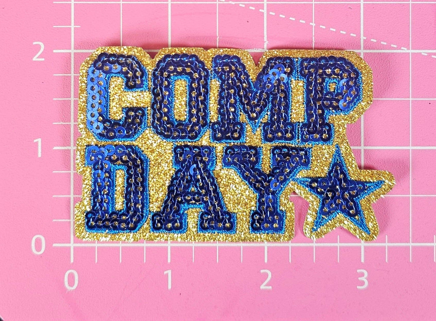 COMP DAY Cheer Dance Sequin on Glitter Small Iron-on Patch: Orange