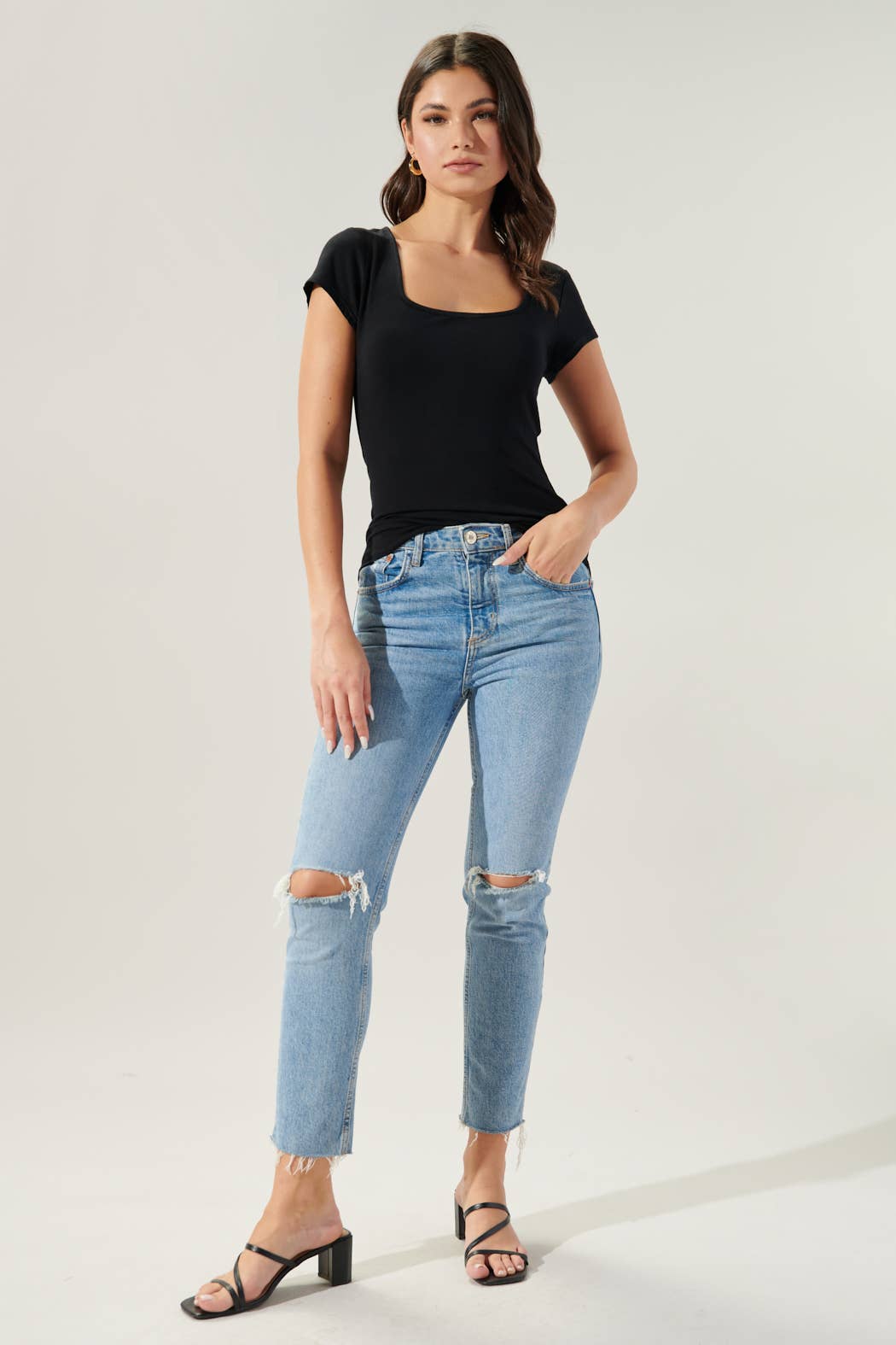 All For You Square Neck Tee Jersey Knit Top: Camel