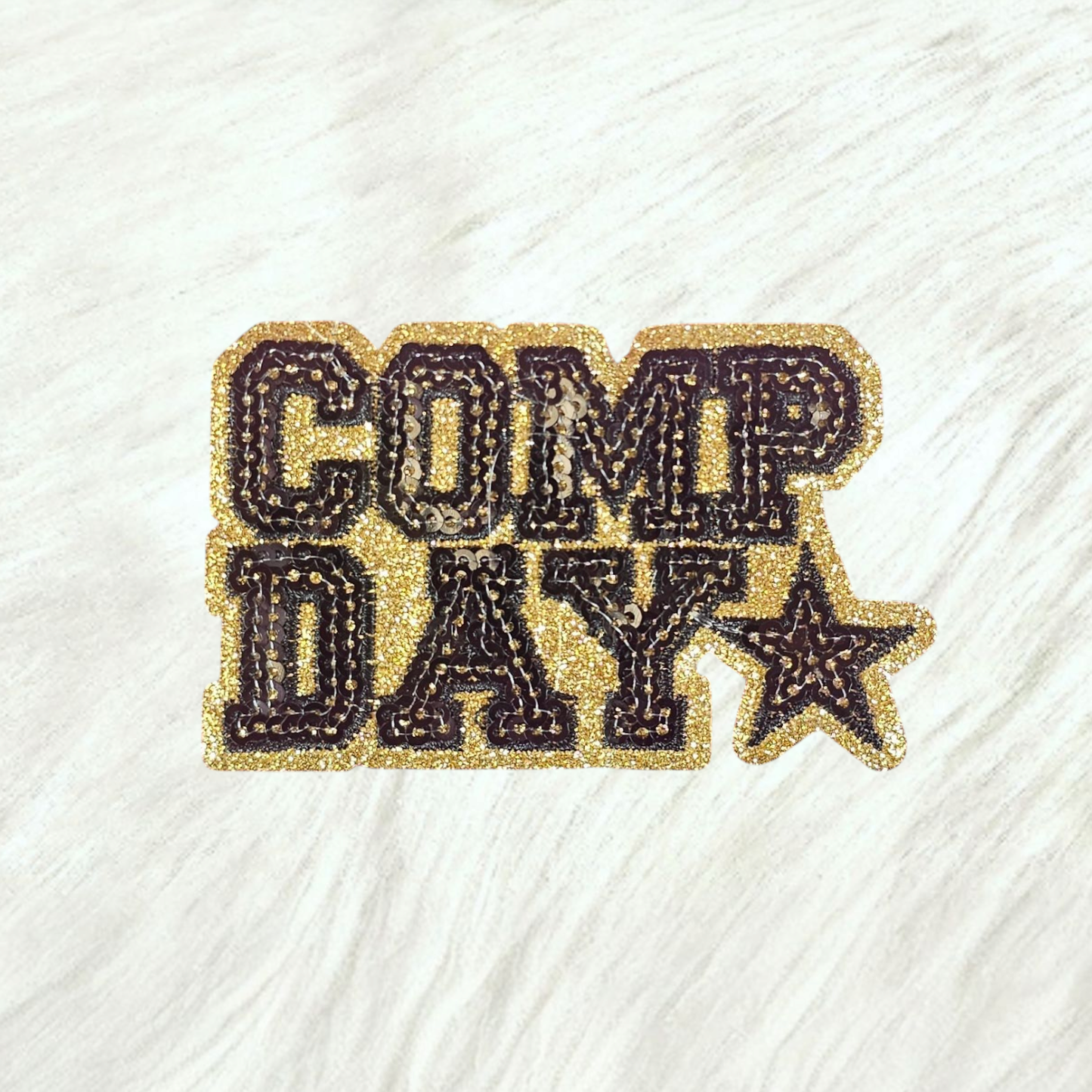 COMP DAY Cheer Dance Sequin on Glitter Small Iron-on Patch: Orange