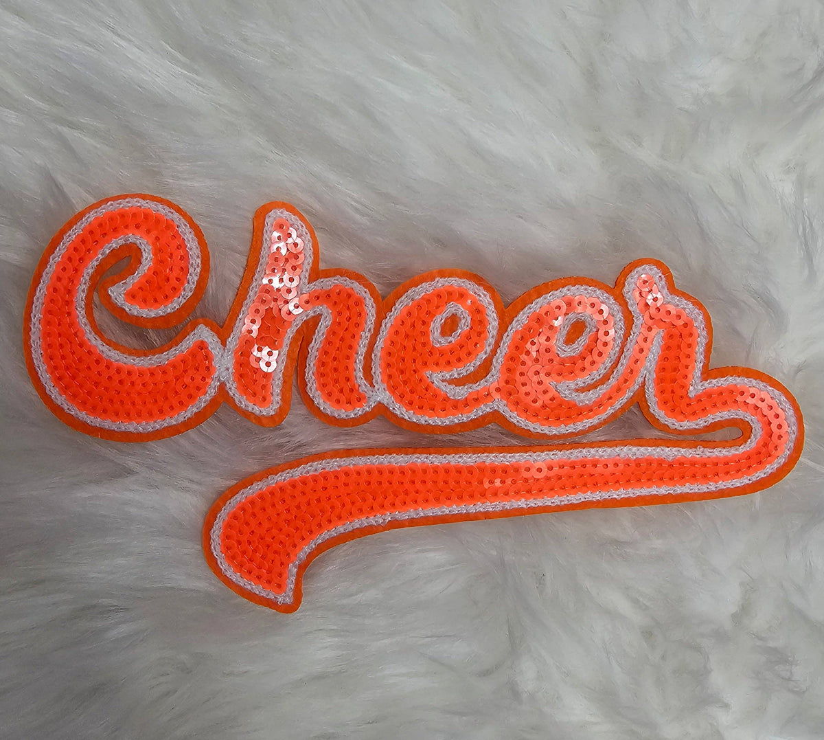 Large Cursive Cheer Sequin and Felt Iron-on Patch: Orange