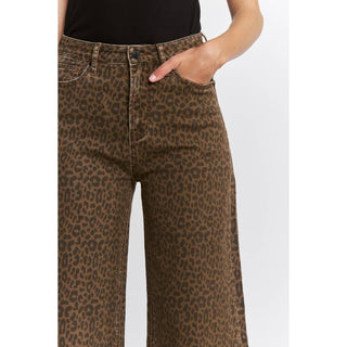 SUPER HIGH WIDE LEG LEOPARD JEANS: BROWN DERBY
