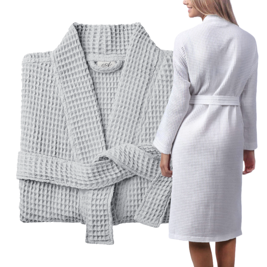 Lightweight Waffle Bathrobe, Spa Dressing Gown Kimono: White