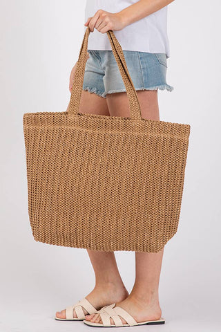 Solid Color Crochet Summer Straw Tote Bag: Yellow