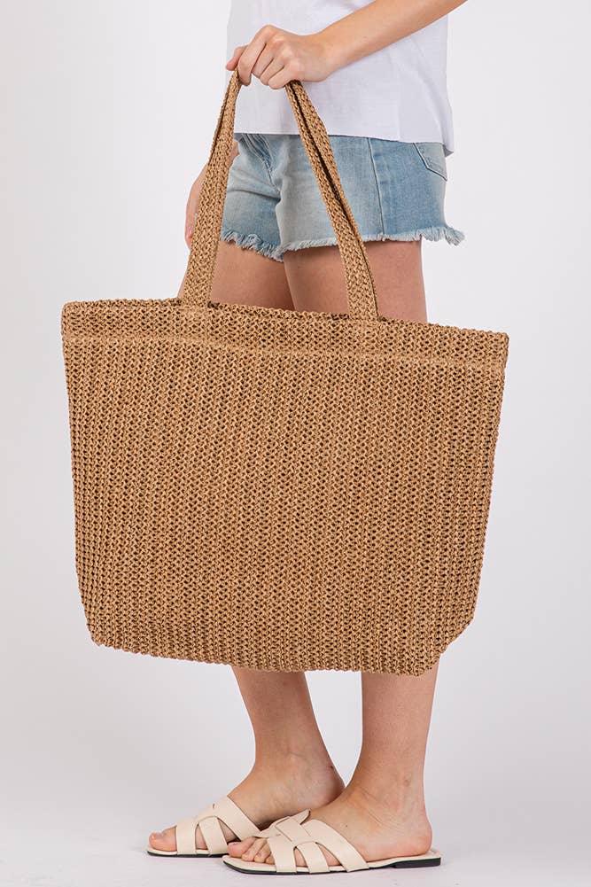 Solid Color Crochet Summer Straw Tote Bag: Beige