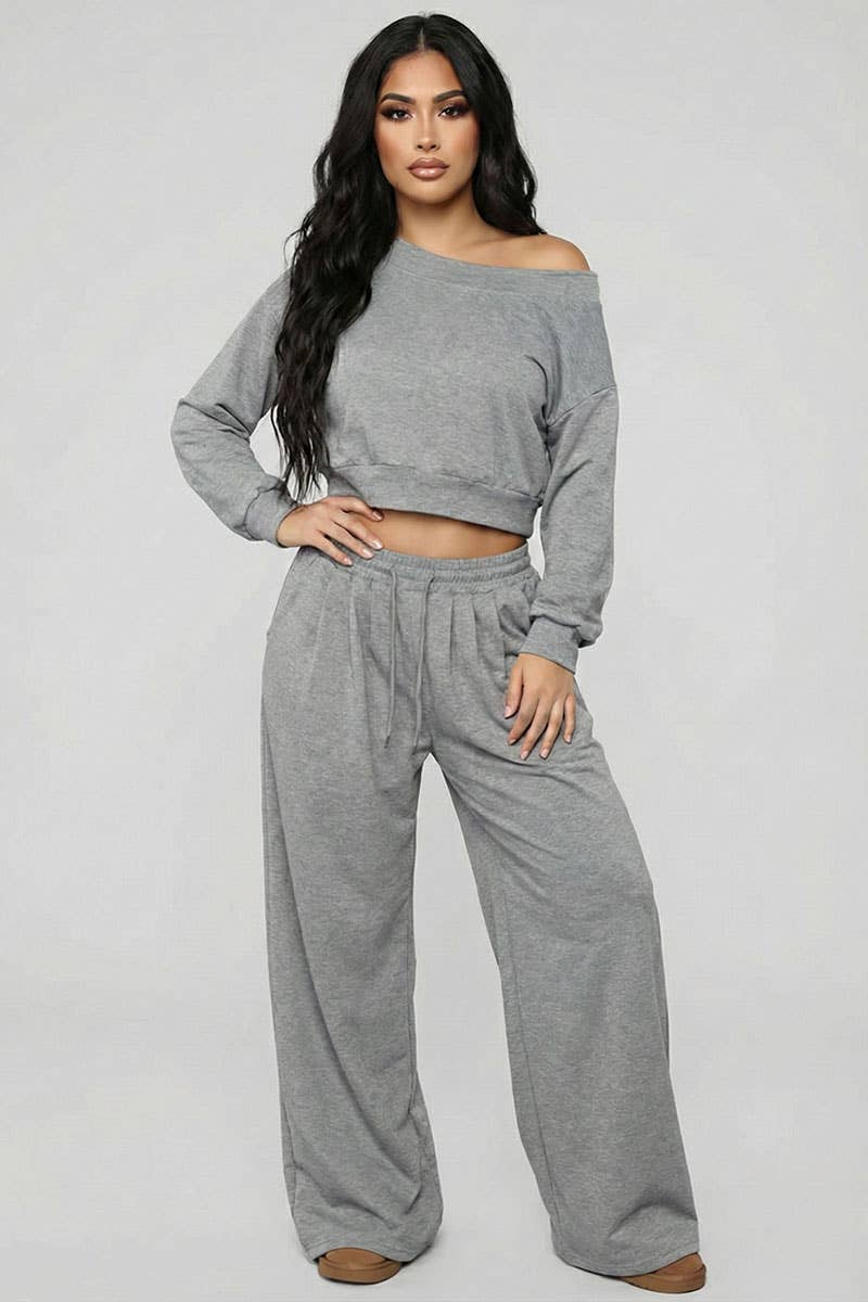 Effortless Ease French Terry Off-Shoulder Lounge Set: Charcoal Grey