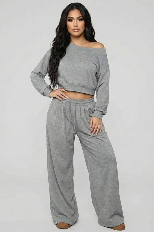 Effortless Ease French Terry Off-Shoulder Lounge Set: Charcoal Grey