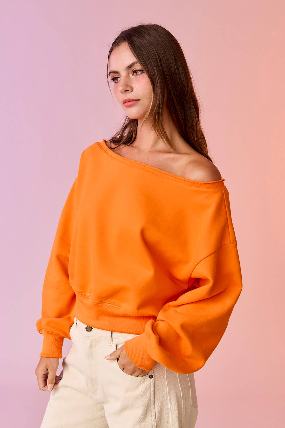PT17835 - Alina Off Shoulder Cropped Sweatshirt: Brown