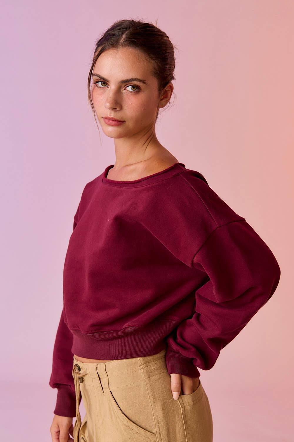 PT17835 - Alina Off Shoulder Cropped Sweatshirt: Pink
