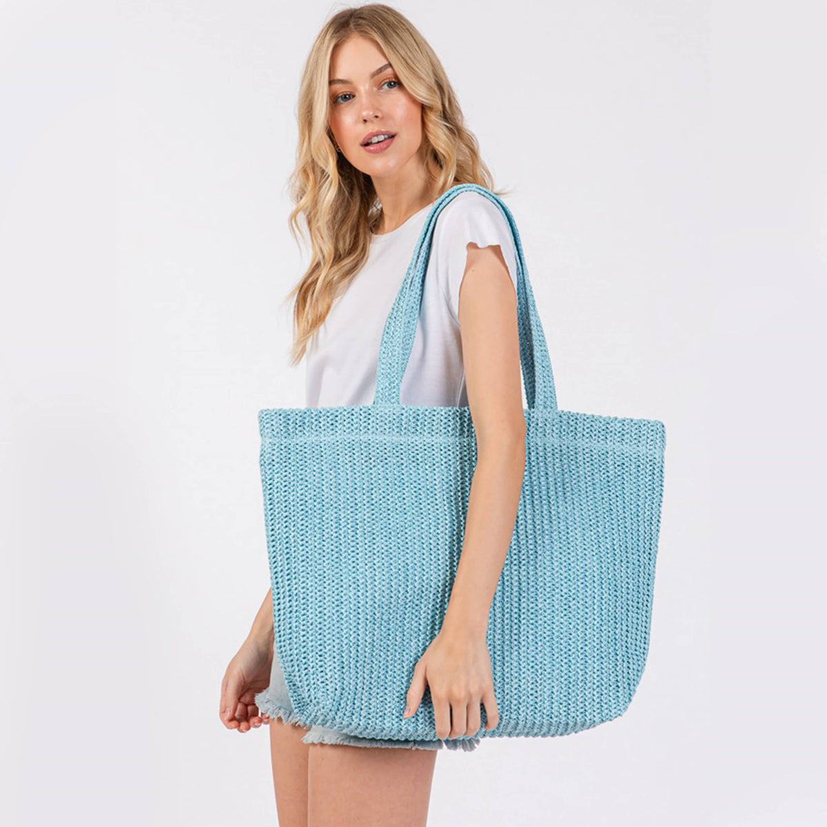 Solid Color Crochet Summer Straw Tote Bag: Olive