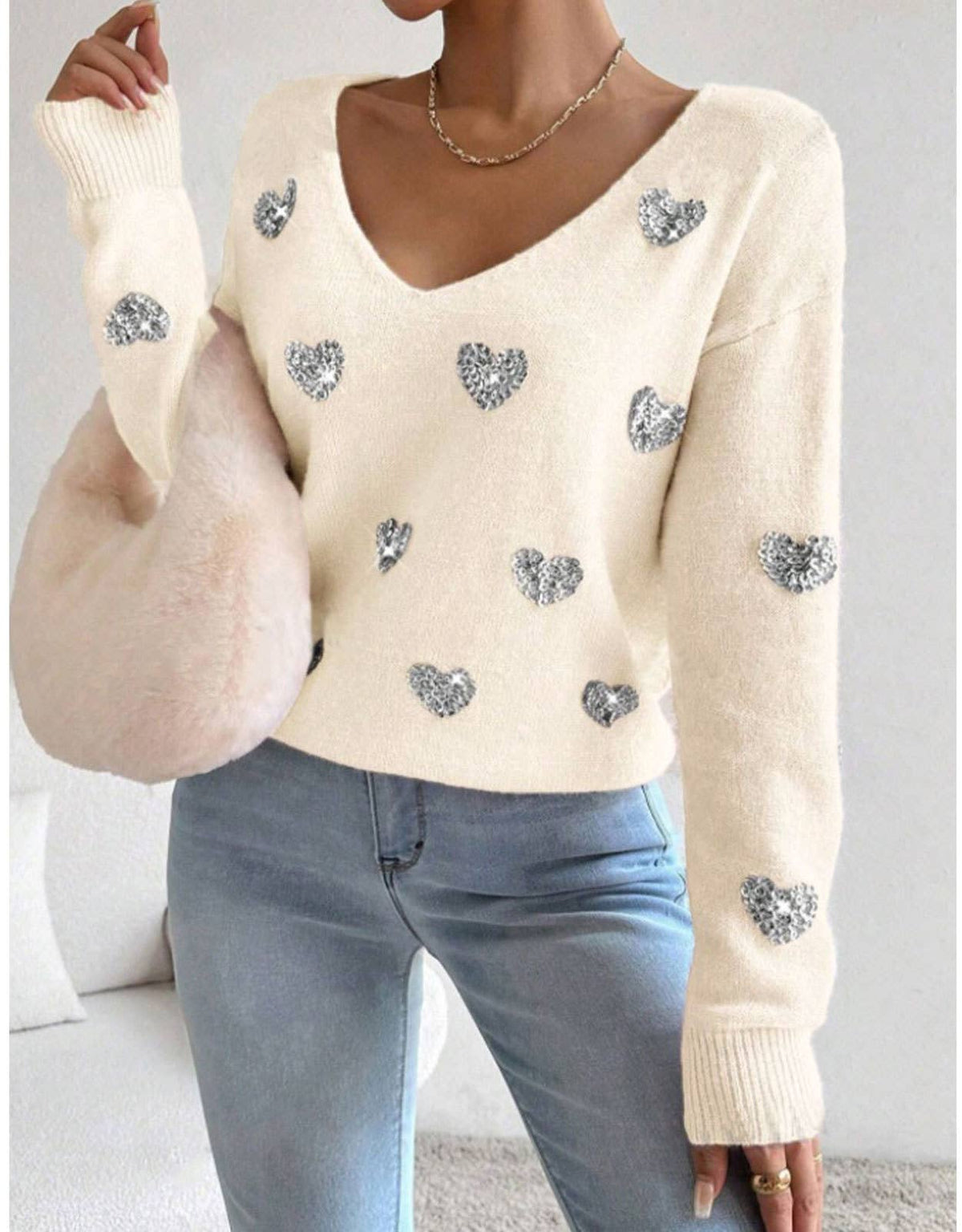 Valentines Sequin Heart Embroidered V-Neck Sweater