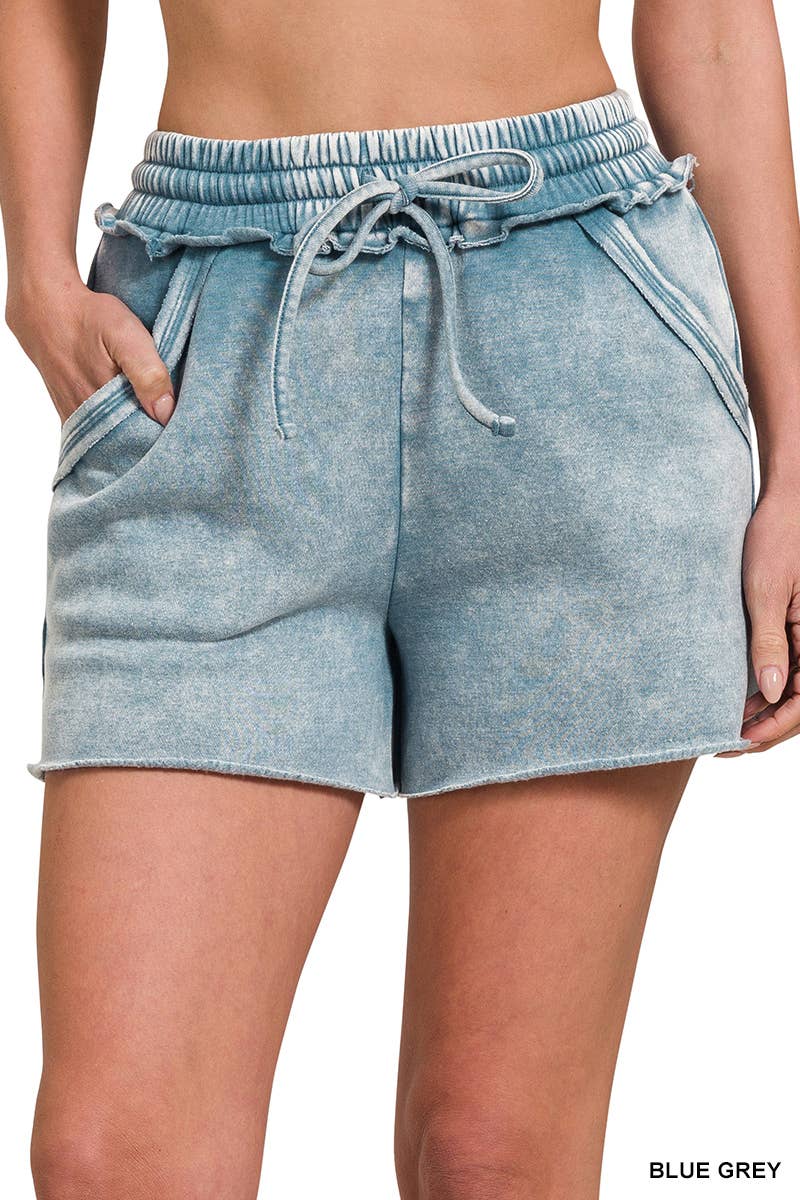 Acid Wash Elastic Waistband Fleece Shorts