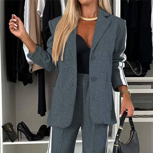 Color Block Long Sleeve Blazer And Pants Casual Suit