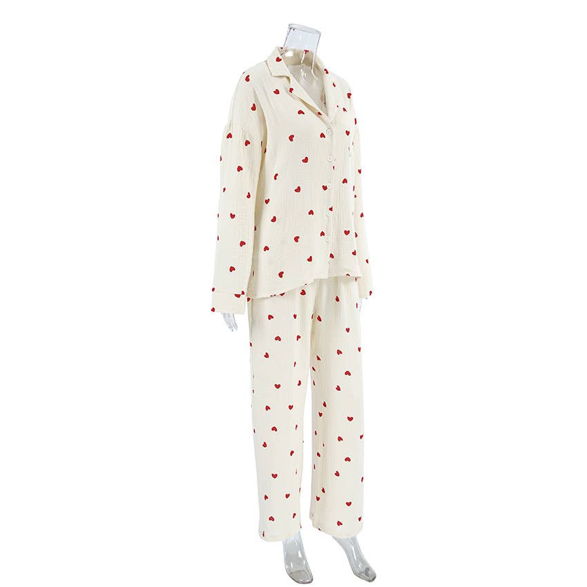 Valentine's Day heart print pajamas cotton loungewear set: Apricot