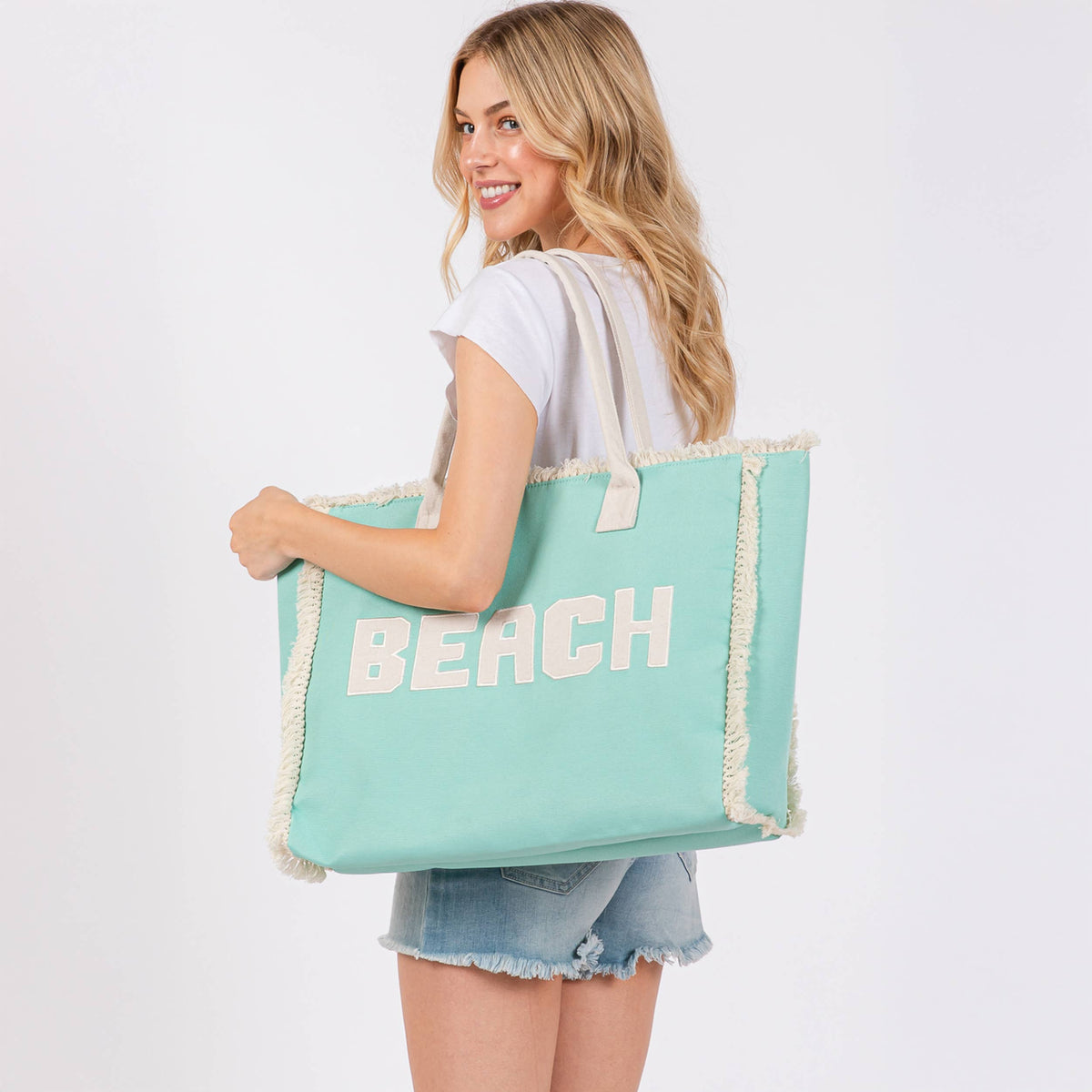 BEACH Embroidered Letter Fringe Summer Tote Bag: Blue