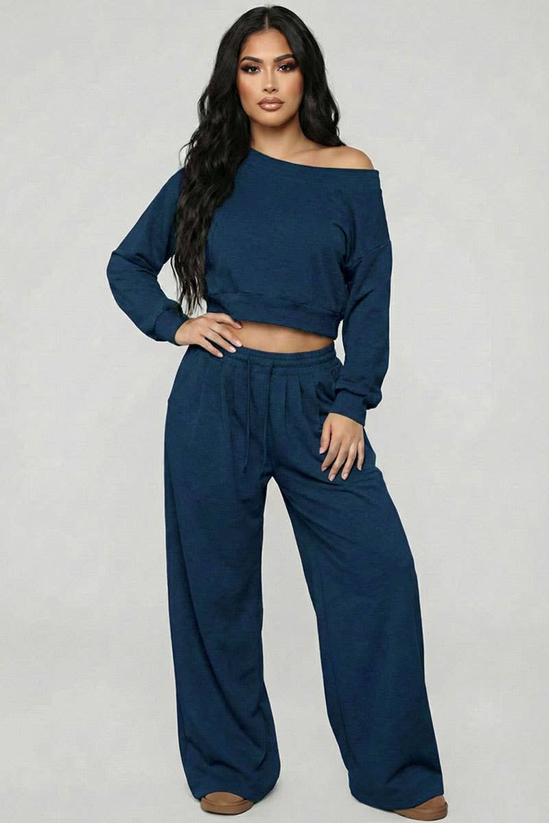 Effortless Ease French Terry Off-Shoulder Lounge Set: Deep Navy