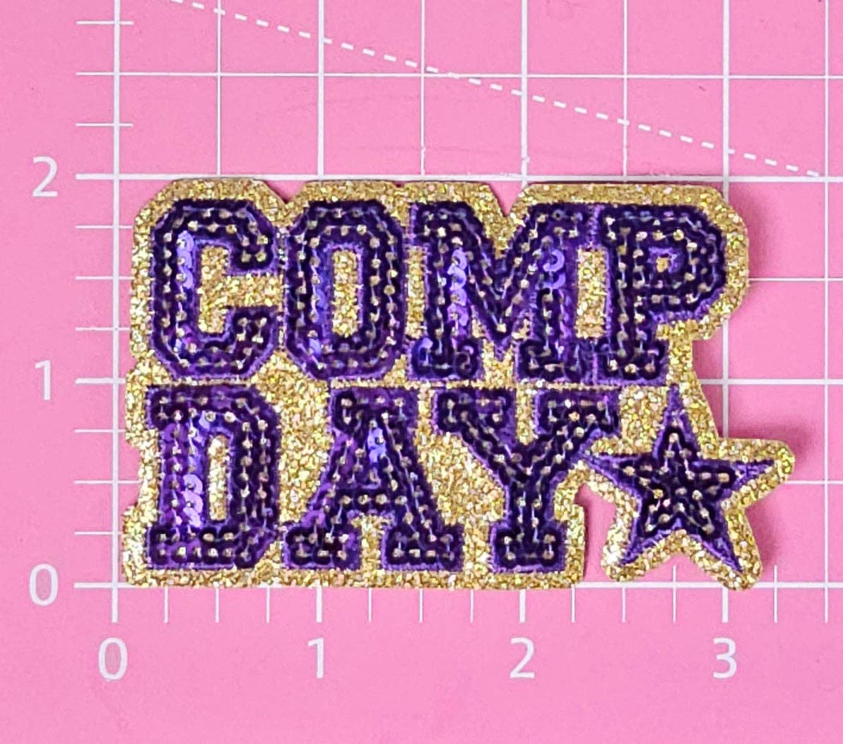 COMP DAY Cheer Dance Sequin on Glitter Small Iron-on Patch: Orange