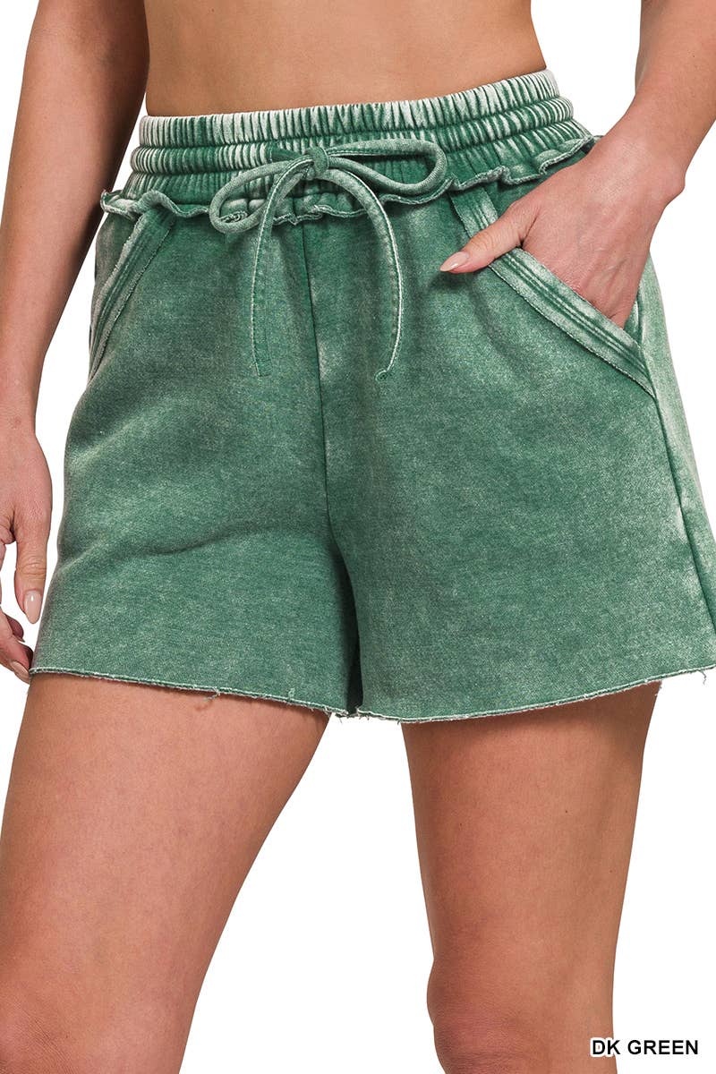 Acid Wash Elastic Waistband Fleece Shorts